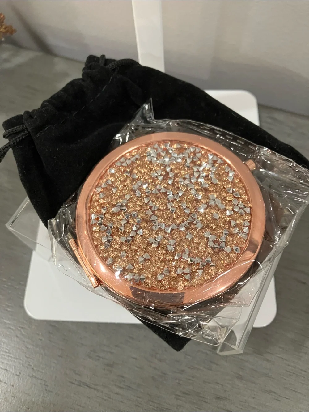 Rose Gold Crystal Compact Mirror - Pocket Makeup Accessory